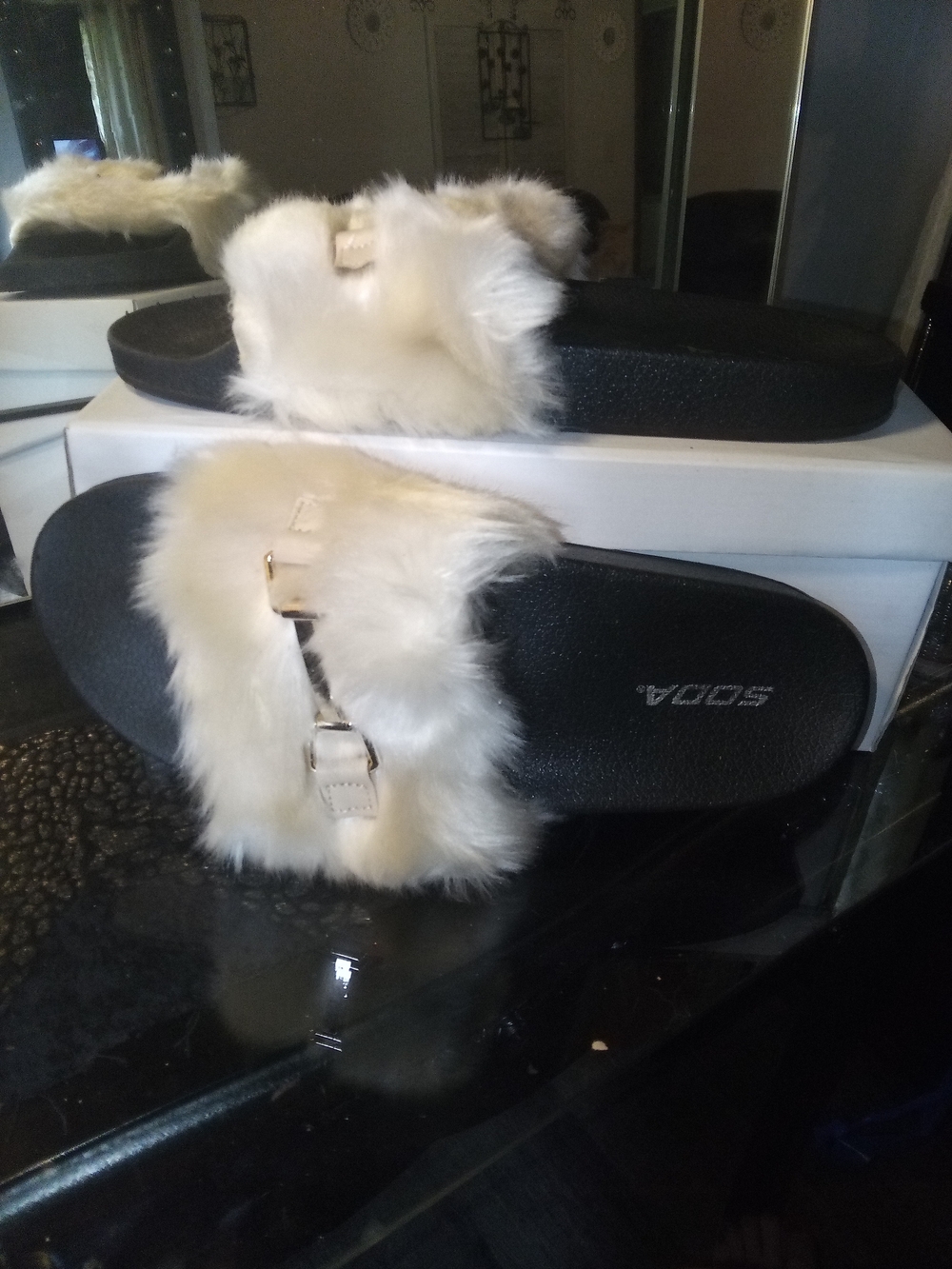 Soda Women's Black Slide Sandals with White Faux Fur Strap